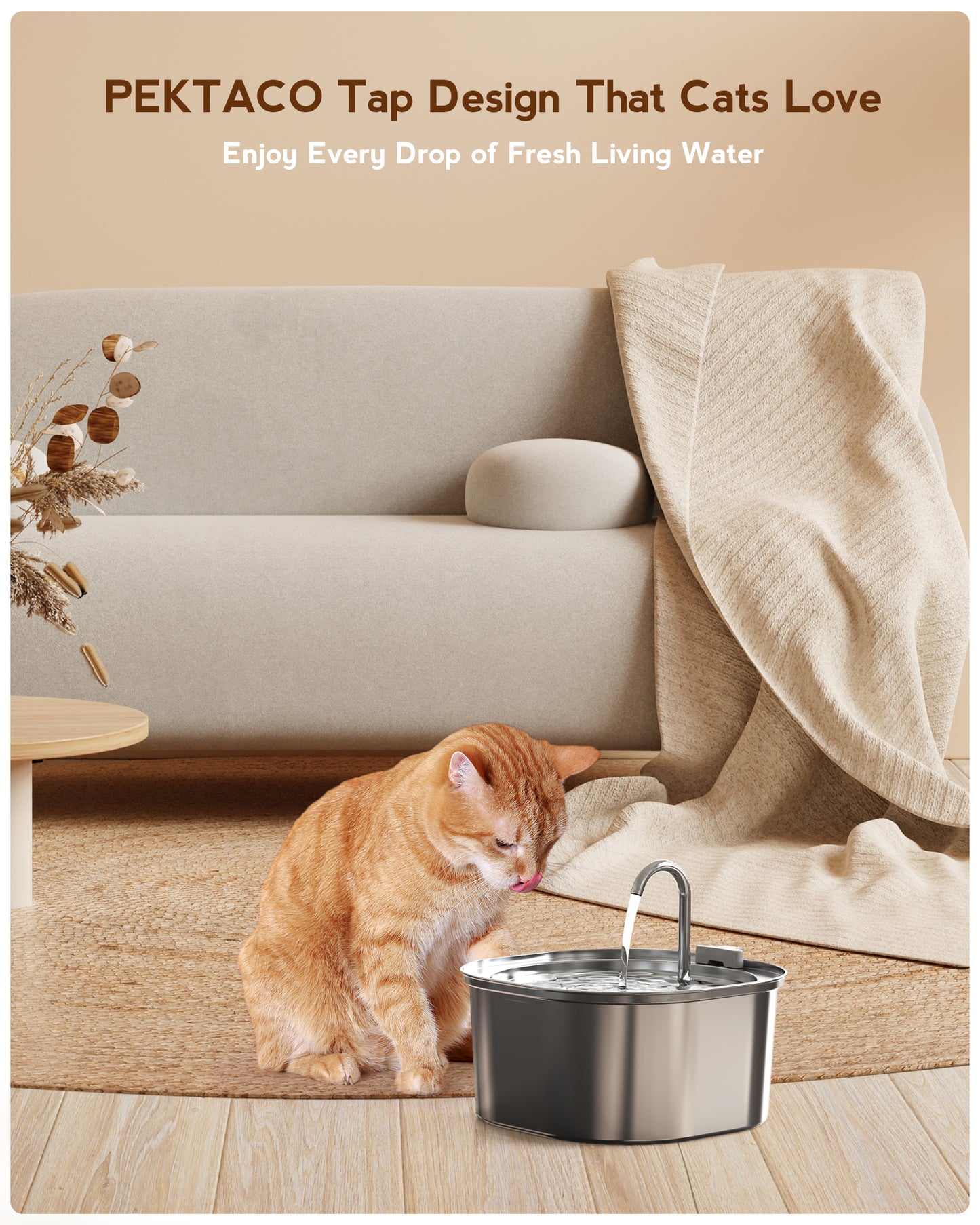 Cat Water Fountain - Automatic Pet Water Fountain Dog Water Dispenser Replacement Filters, 3.2L/108oz Stainless Steel Water Fountain for Cats Inside
