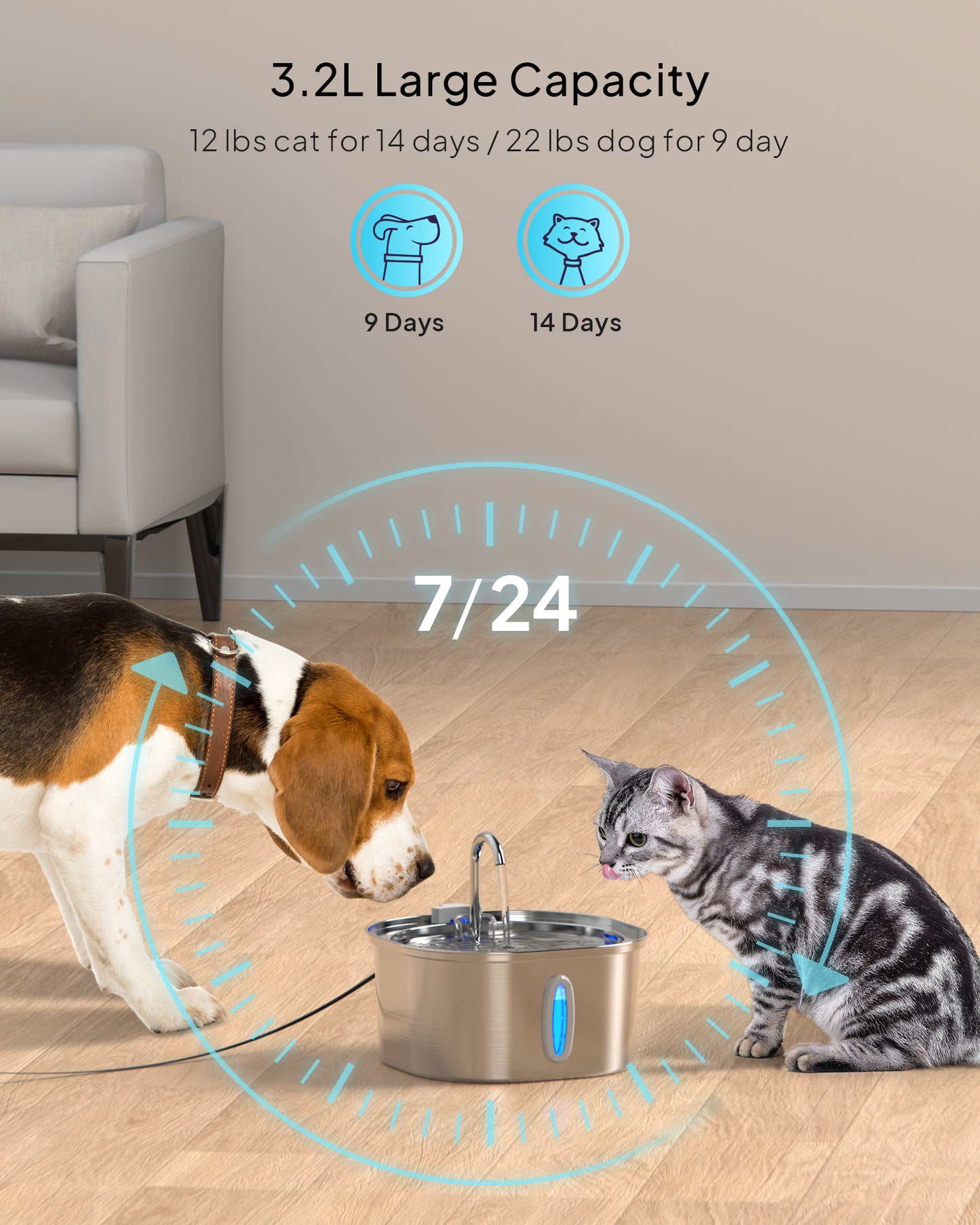 PEKTACO Cat Water Fountain - 3.2L/108oz Stainless Steel Pet Water Fountain Dog Water Dispenser Automatic Cat Fountain with Water Level Window for Cats Inside